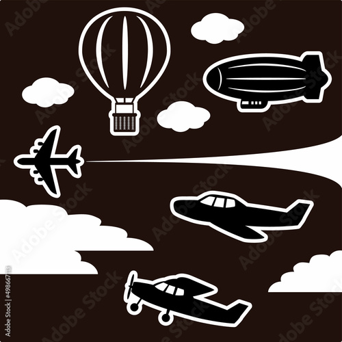アイコン　のりもの　シルエット　飛行機　気球　飛行船　雲　影絵　切り絵　飾り　記号　イラストセット