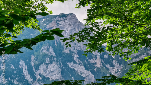 A scenic view through dense forest on the mountain peaks in the Vellacher Kotschna in Kamnik Savinja Alps in Carinthia, border Austria and Slovenia. Mountaineering. Freedom wanderlust hiking concept photo