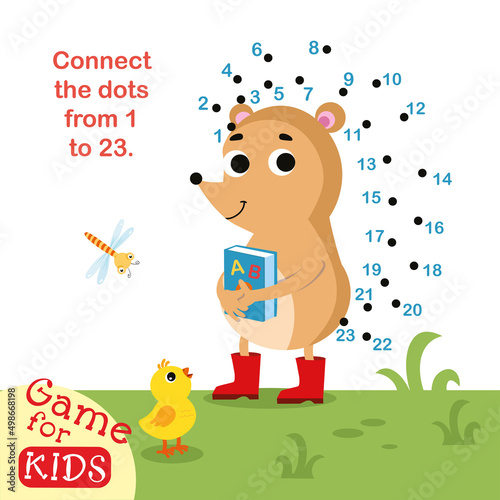 Connect dots from 1 to 23. Educational game. Hedgehog with book. Activity page for kids. Vector illustration.