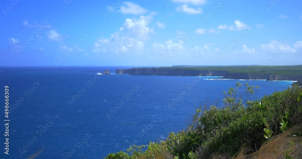 Timelapse from a clifftop of the blue Caribbean sea and the island of Guadeloupe. Grass and bushes blowing in the wind on the foreground. Waves crashing on the side of the cliffs. Timelapse from a clifftop of the blue Caribbean sea and the island of Guadeloupe. Grass and bushes blowing in the wind on the foreground. Waves crashing on the side of the cliffs.