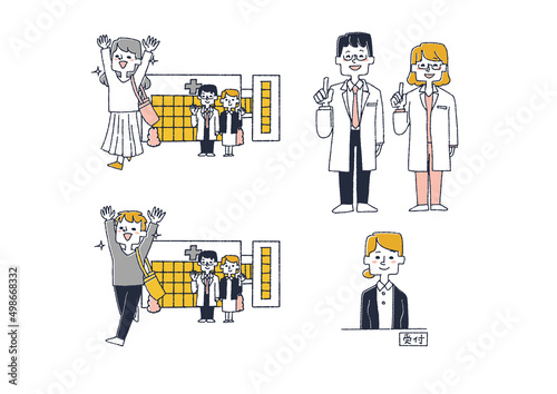 病院に関するイラストセット　　コミカルな手書きの人物　ベクター、線画にカラー