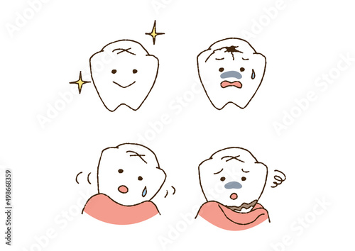 いろんな歯のキャラクターセット　コミカルな手書きの人物　ベクター、線画にカラー