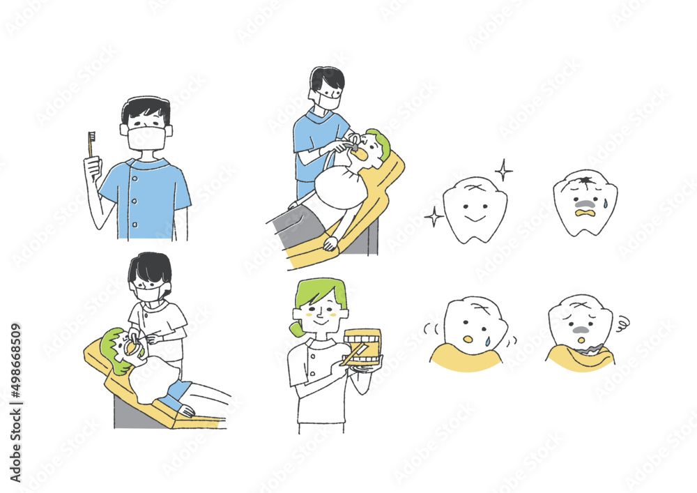 Fototapeta premium 歯医者に関するイラストセット コミカルな手書きの人物 ベクター、線画にカラー