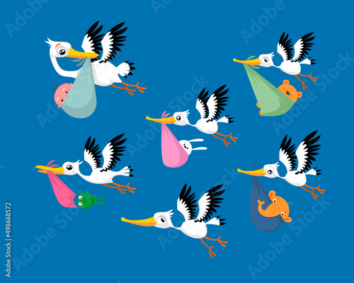 Set of cute storks with newborn. Cartoon funny birds and animal characters on isolated background. Icons for design of postcards, posters, books. Vector illustration.
