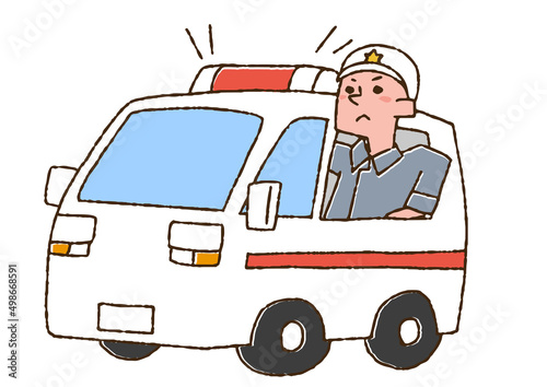 救急車に乗って現場に向かう救急隊員　コミカルな手書きの人物　ベクター、線画にカラー
