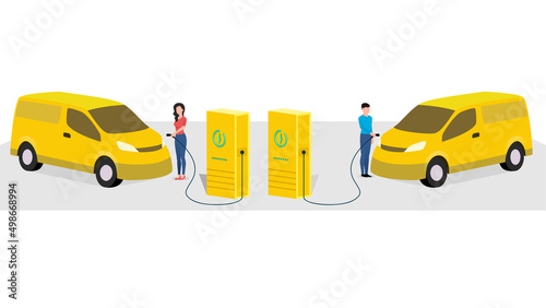 man and woman charging delivery van at electric vehicle charging station, vehicle at EV charge Point, business character vector illustration on white background.