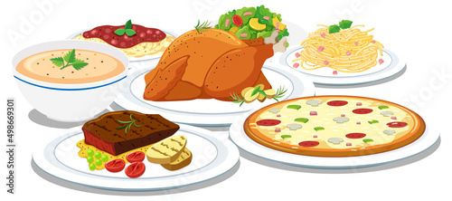 Different foods set on white background
