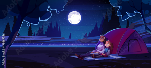 Woman and girl in summer camp on river shore at night. Vector cartoon illustration of mother with child watching on sky with full moon and stars. Family campsite with tent