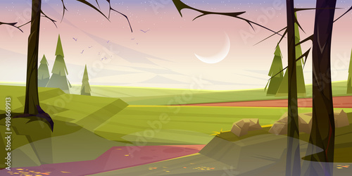 Autumn landscape with bare trees and orange leaves on green grass in early morning. Vector cartoon illustration of countryside with stones, coniferous trees, flying birds and moon in sky in fall