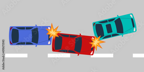 Three cars crash accident on the road in flat design top view.