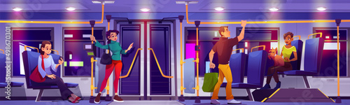 People ride in city bus at night. Vector cartoon illustration of autobus interior with seats, ticket validator, sitting woman with dog and standing man. Passengers in public transport in evening