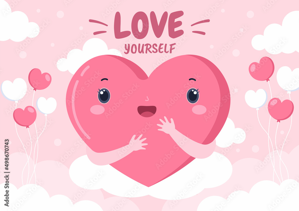 Love Sign Vector Cartoon Background Illustration to Self Care, Valentines or Yourself Icon in Different Actions of Happiness for Poster