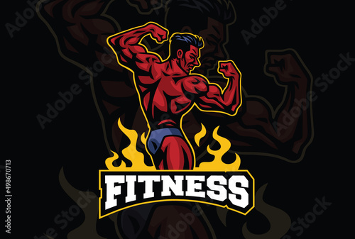 Bodybuilder Muscle Logo Design Mascot Sport Athlete Posing Premium Vector Template