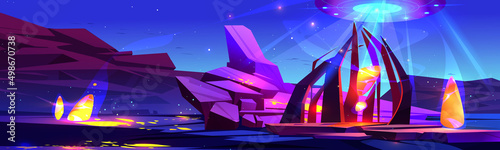 Ufo spaceship flying above alien planet landscape with stones and magic yellow crystals. Vector fantastic cartoon illustration of flying saucer, unidentified round rocket and planet surface at night