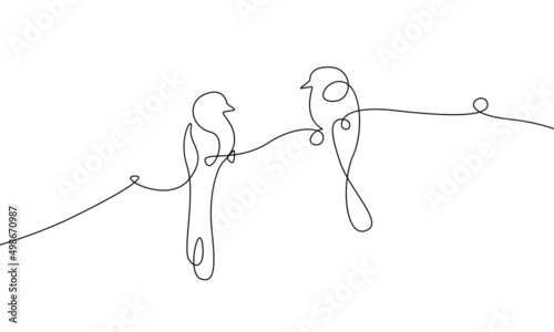 Birds Couple Line Art Drawing for Romantic Posters, Wall Decor, Prints, Social Media. Couple Bird One Line Art Drawing. Love Minimalist illustration. Vector EPS 10