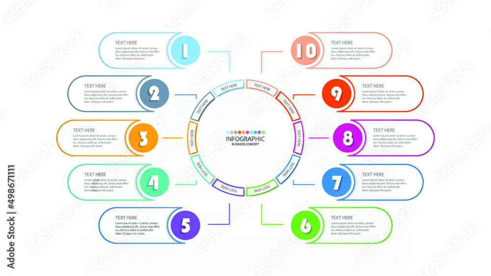 Basic circle infographic template with 10 steps, process or options, process chart, Used for process diagram, presentations, workflow layout, flow chart, infograph. Vector eps10 illustration. Basic circle infographic template with 10 steps, process or options, process chart, Used for process diagram, presentations, workflow layout, flow chart, infograph. Vector eps10 illustration.