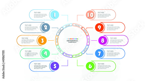 Basic circle infographic template with 10 steps, process or options, process chart, Used for process diagram, presentations, workflow layout, flow chart, infograph. Vector eps10 illustration.
