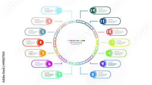 Basic circle infographic template with 14 steps, process or options, process chart, Used for process diagram, presentations, workflow layout, flow chart, infograph. Vector eps10 illustration.