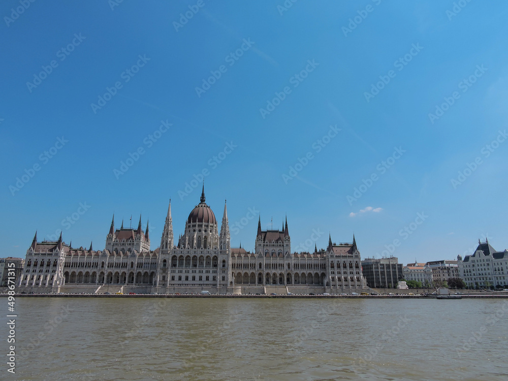 Budapest Hungary River Bridge View from Water of ParlIament Castle Building Wide and Blue Sky