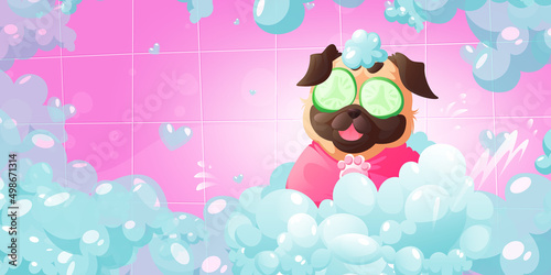 Dogs spa and pets grooming service concept. Funny pug puppy with cucumber slices on eyes and foam on head enjoying salon procedures take bath in tub with shampoo bubbles Cartoon vector illustration