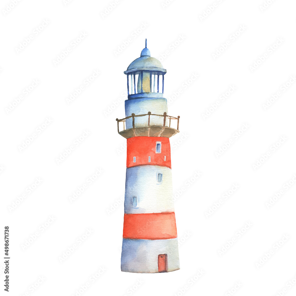 Watercolor hand painted lighthouse isolated on white background. Romantic illustration.