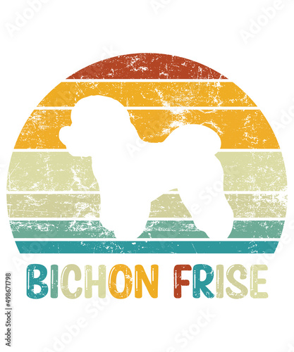 Bichon Frise Retro Vintage Sunset T-shirt Design template, Bichon Frise on Board, Car Window Sticker, POD, cover, Isolated white background, White Dog Silhouette Gift for Bichon Frise Lover photo