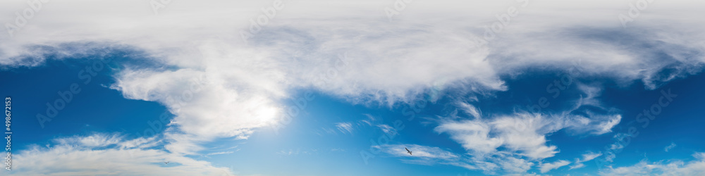 Blue sky panorama with Cirrus clouds. Seamless hdr 360 degree pano in spherical equirectangular format. Sky dome or zenith for 3D visualization, game and sky replacement for aerial drone 360 panoramas Blue sky panorama with Cirrus clouds. Seamless hdr 360 degree pano in spherical equirectangular format. Sky dome or zenith for 3D visualization, game and sky replacement for aerial drone 360 panoramas