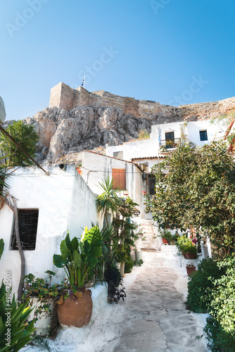 Anafiotika is part of old historical neighborhood Plaka on northern-east side of the Acropolis hill, Athens, Greece.