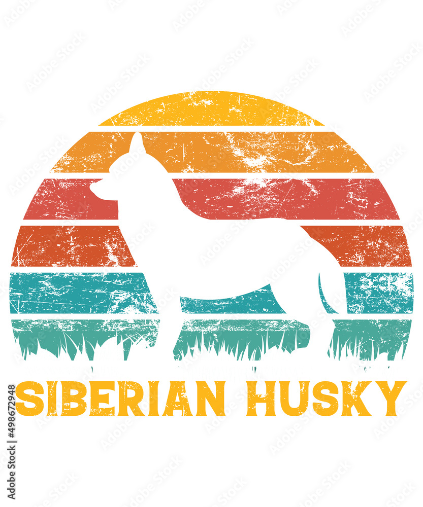 Siberian Husky Retro Vintage Sunset T-shirt Design template, Siberian Husky on Board, Car Window Sticker, POD, cover, Isolated white background, White Dog Silhouette Gift for Siberian Husky Lover
