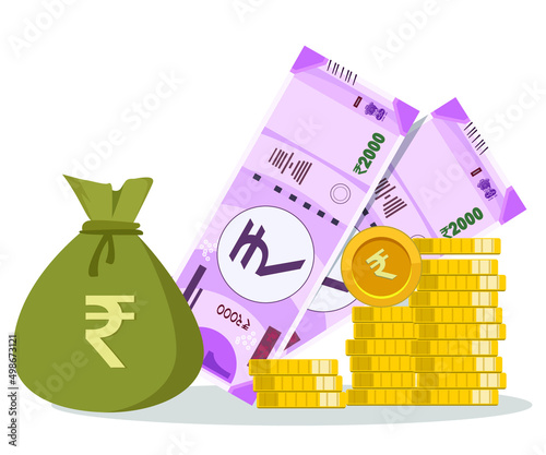 Rupee bag, rupee note and coin showing growth