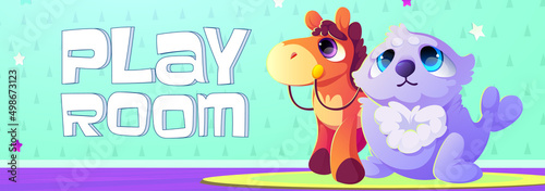 Play room cartoon banner with cute kids toys seal and horse on funny wallpaper background. Invitation flyer to kindergarten, baby nursery day care center, child recreation area, Vector illustration