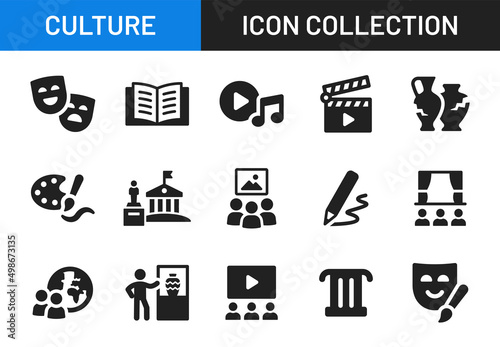 Culture icon collection. Containing history literature, ancient vase, theater, museum and art icon in black design.