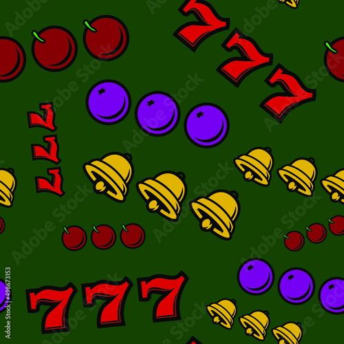 Fototapeta Naklejka Na Ścianę i Meble -  Casino background, sevens berries and bells on green, seamless pattern, texture for fabric design, wallpaper and tile, vector illustration