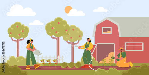 People work in garden in village. Vector flat illustration of farm landscape with agriculture field, barn, fruit trees, and farmers growing plants and watering vegetables with hose
