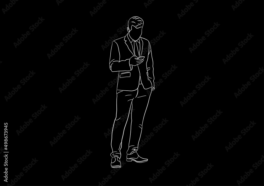Fototapeta premium Outline Businessman standing and using the smartphone for connection technology, concept using smartphone vector illustration