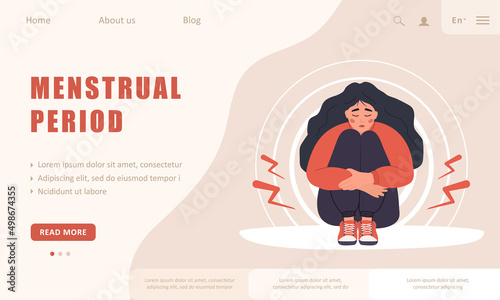 Menstrual period. Landing page template. Sad woman with abdominal cramps or pms symptoms. Female critical day problems. Vector illustration in flat cartoon style. photo