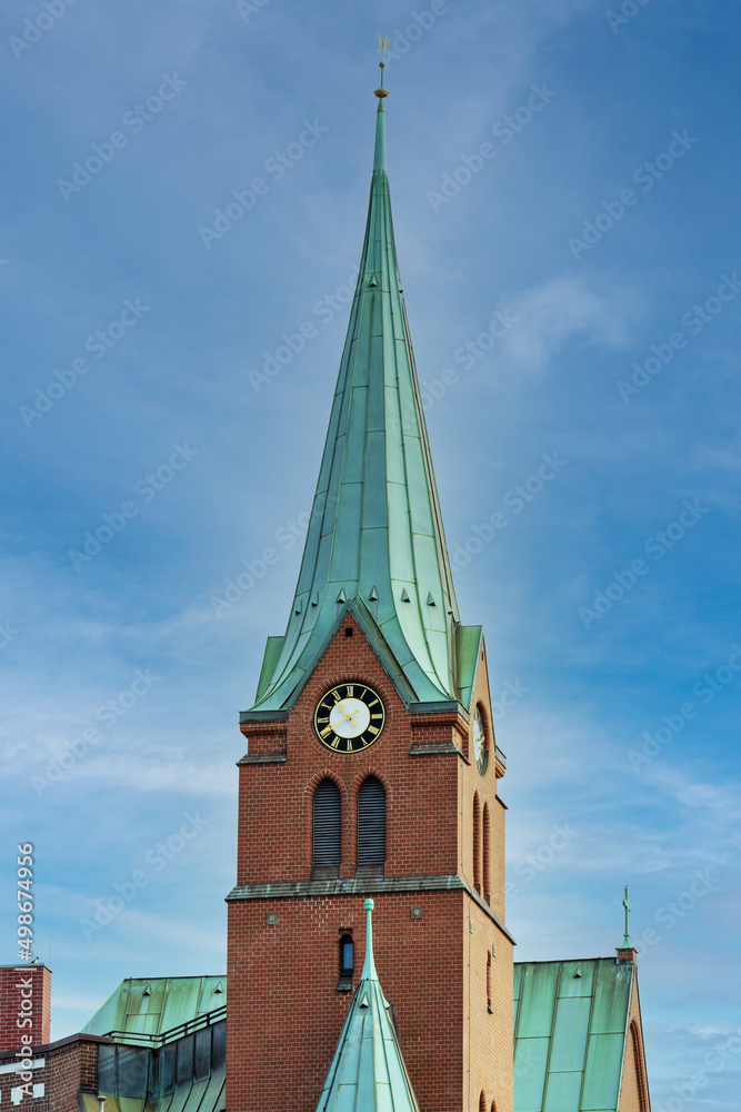 View of the bell tower of the Swedish Gustaf Adolfs Church in Hamburg, Germany.