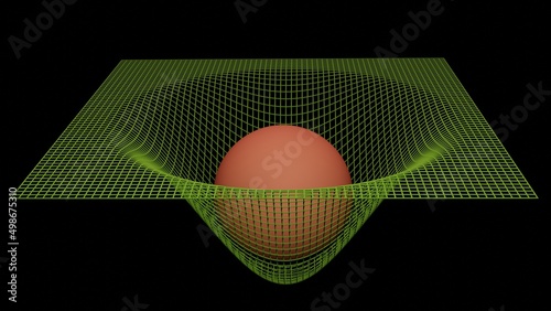Massive stellar object warps fabric of space. Object curving spacetime. Wireframe grid deformed by sphere. Ball deforms wire mesh. 3d illustration  rendering