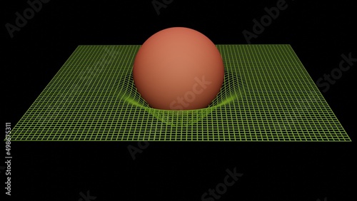 Massive stellar object warps fabric of space. Object curving spacetime. Wireframe grid deformed by sphere. Ball deforms wire mesh. 3d illustration  rendering