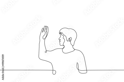 man raised his hand and smiles - one line drawing vector. concept of hello or farewell, volunteer