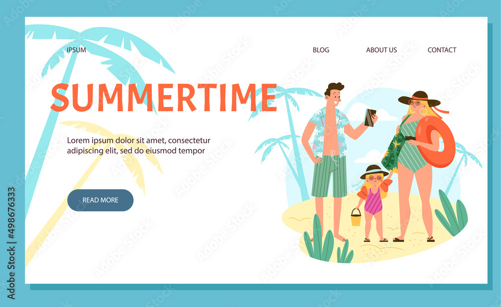 Summertime family vacation website banner template, flat vector illustration.