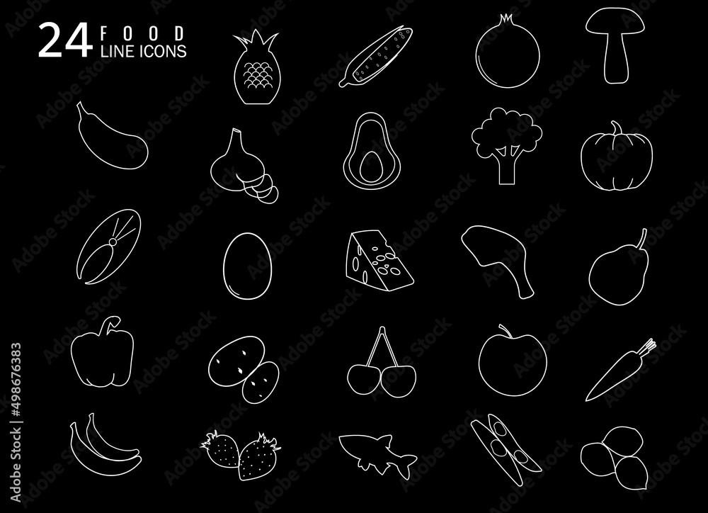 white contour icons proper nutrition on a black background 