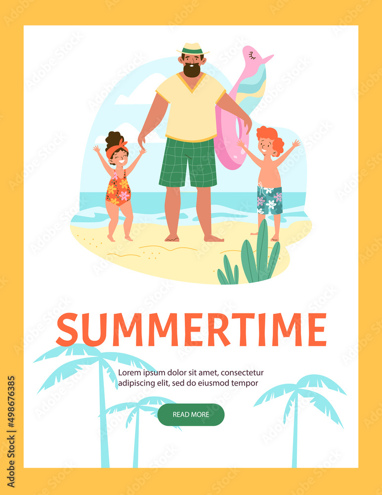 Summertime banner with father and kids at seaside, flat vector illustration.