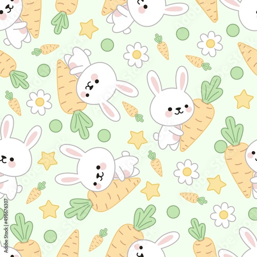 Seamless pattern of cute rabbits with carrots, carrots, flowers, stars and green dots on a green background. 