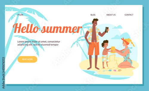 Website banner with family on summer sea vacation, flat vector illustration.