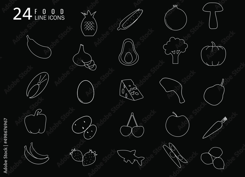 white contour icons proper nutrition on a black background white contour icons proper nutrition on a black background