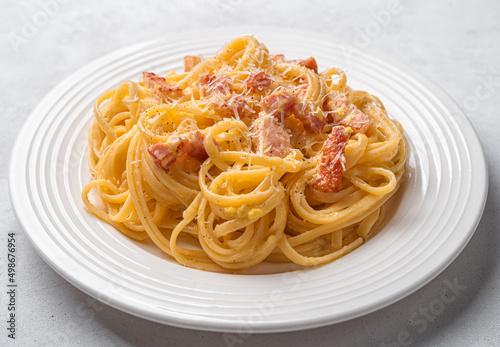 Linguini pasta with classic Italian carbonara sauce.