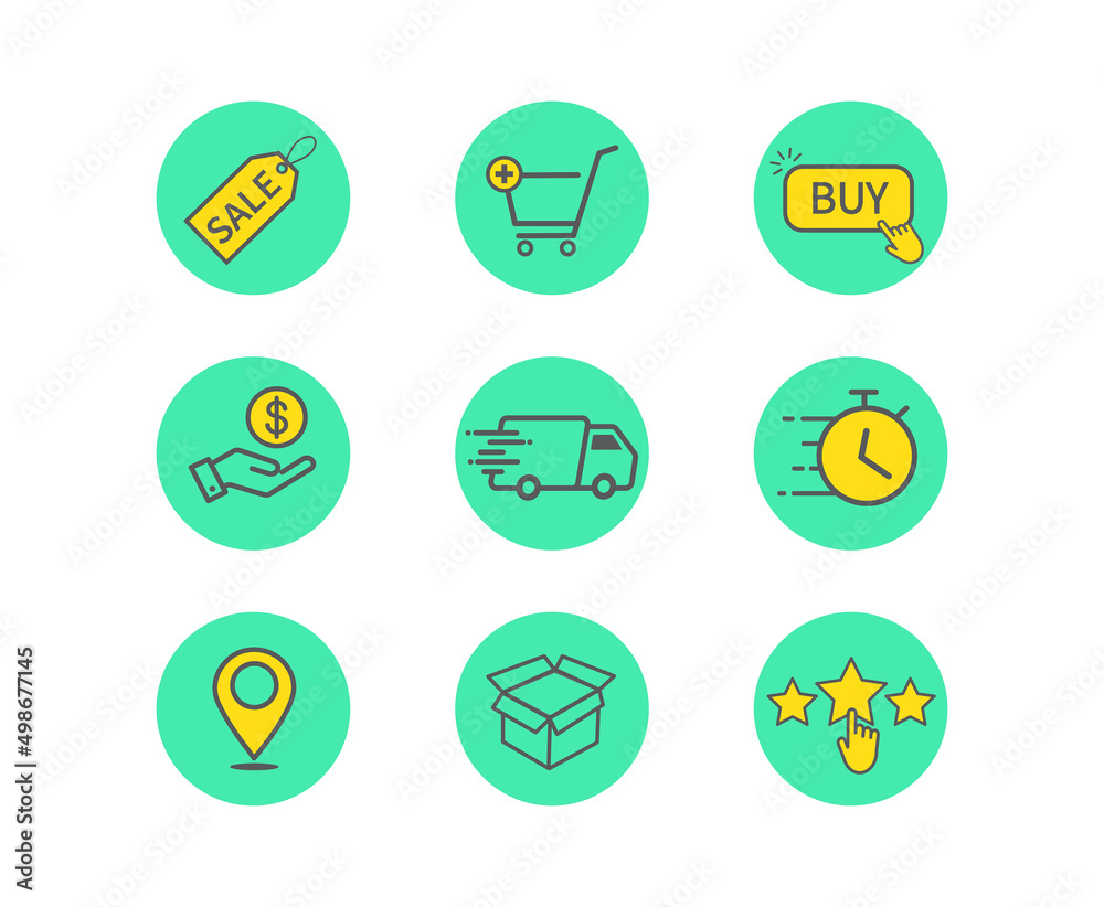 Online shopping icon on white background. Delivery, Add to cart, Packaging  icon. Vector illustration. Stock Vector | Adobe Stock