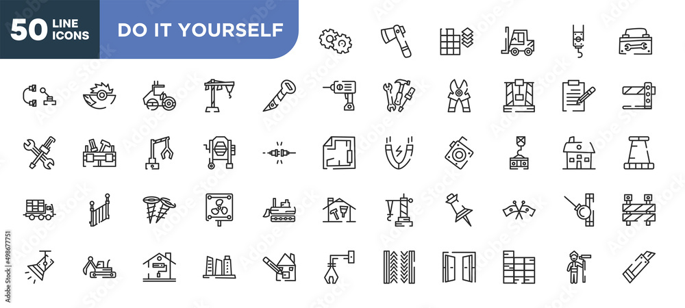 set of 50 outline do it yourself icons. editable thin line icons such as cogwheel hand drawn tool, screw hand drawn tool, concrete mixer tool, two screws, excavator hine arm, painting home,