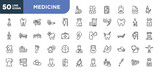 set of 50 outline medicine icons. editable thin line icons such as candle flower, serum bag, trebol, human footprints, blood pressure gauge, large pill, medicine dropper stock vector.